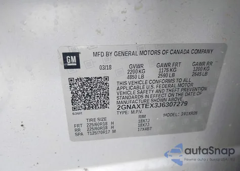 2018 Chevrolet Equinox Lt z USA, uszkodzony, nr VIN 2GNAXTEX3J6307279